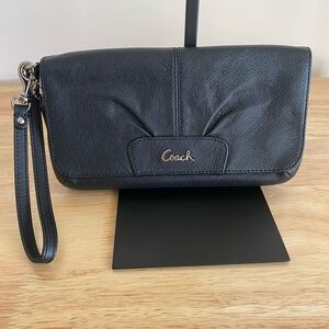 Coach Black Pleated Leather Clutch Wristlet Style Ashley with Silver Hardware